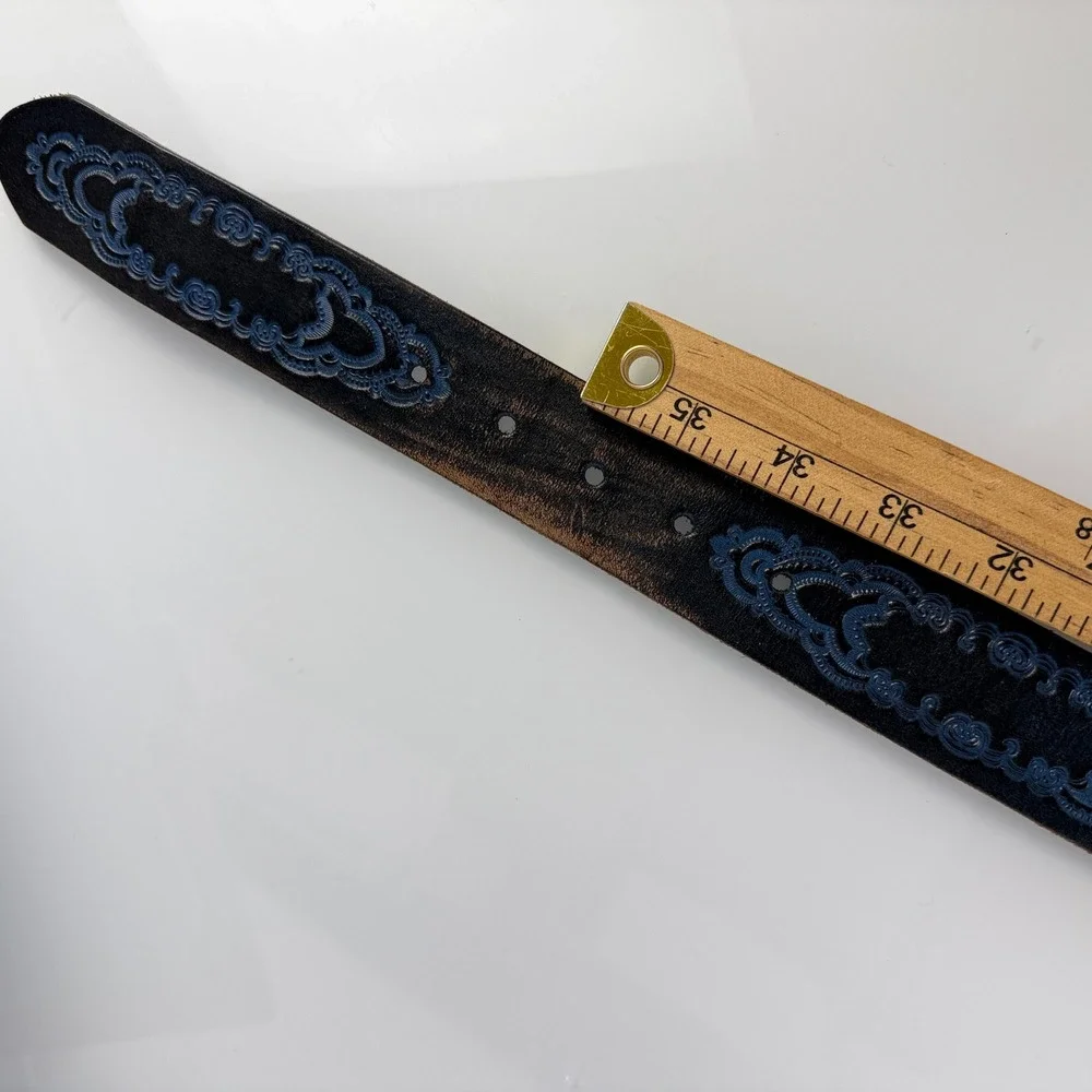 Leather Island Bill Lavin Belt Mens 36 Black Blue Embroidered Leather 3-LI8694